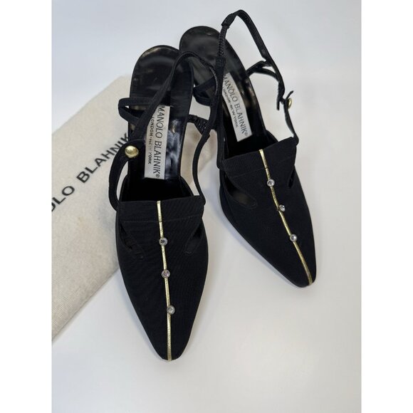 Vintage Manolo Blahnik Size 37 6 Heels Slingback Pointy Black Gold Fabric - Picture 2 of 16